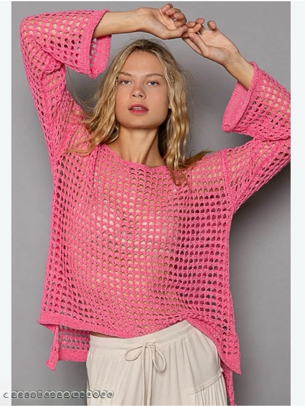 POL Barbie Pink Crochet Knit Long Sleeve Cover Up Top Large NEW Beach Boho